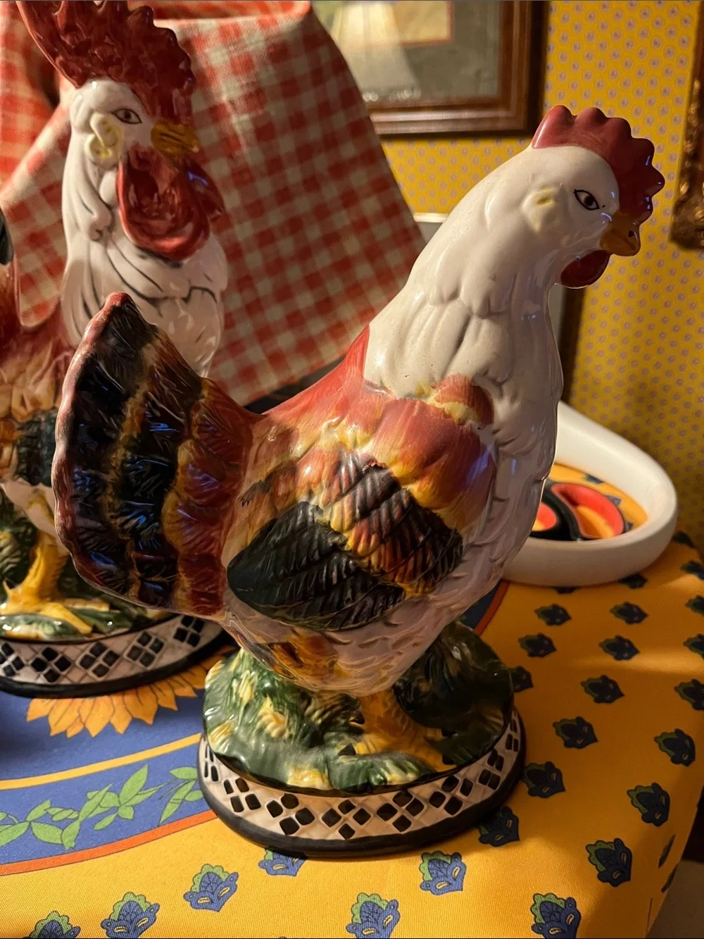 French Country 4 piece Ceramic rooster and hens figurines teapot and cracker jar
